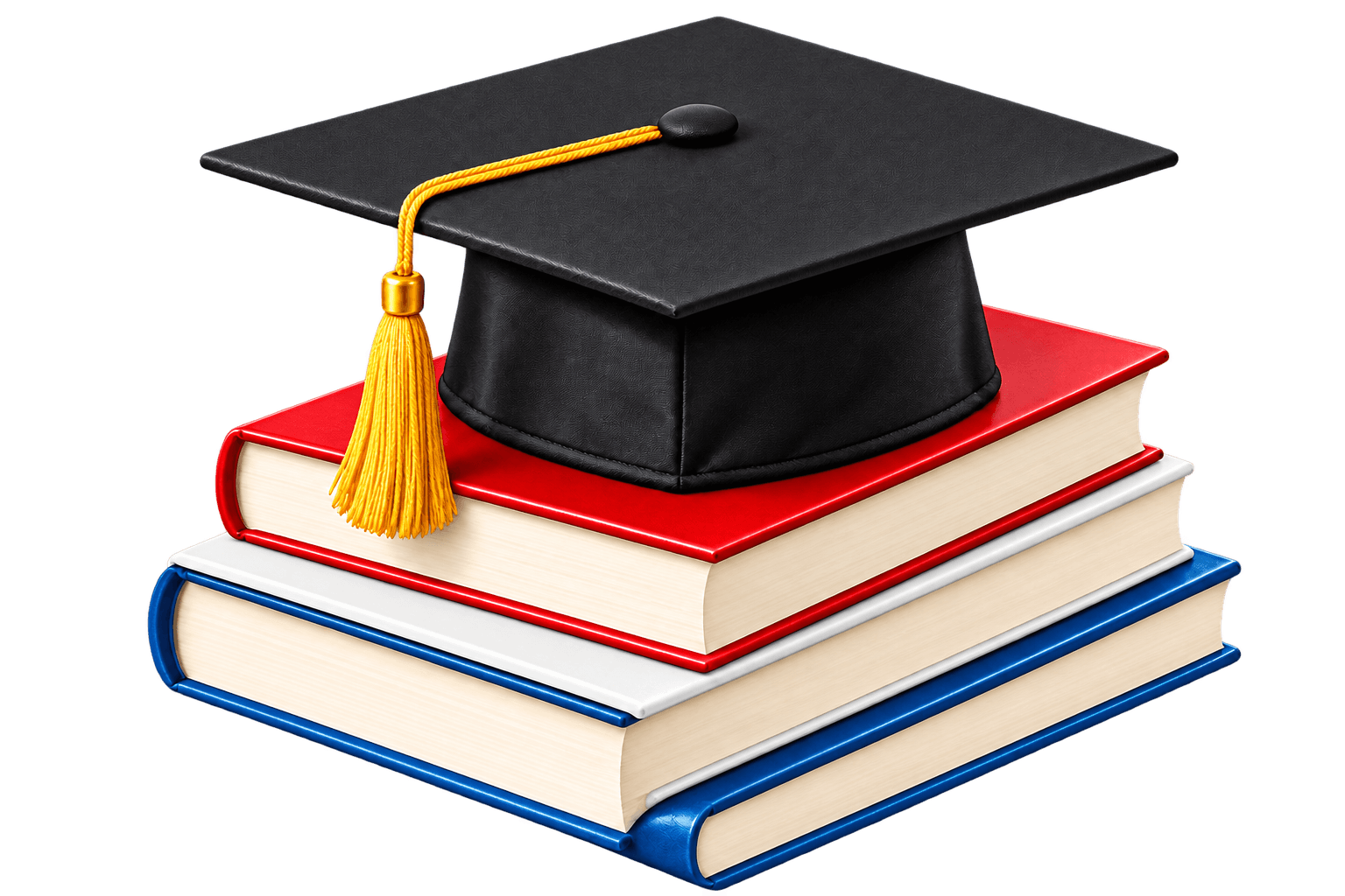 Graduation cap with a gold tassel resting on school books